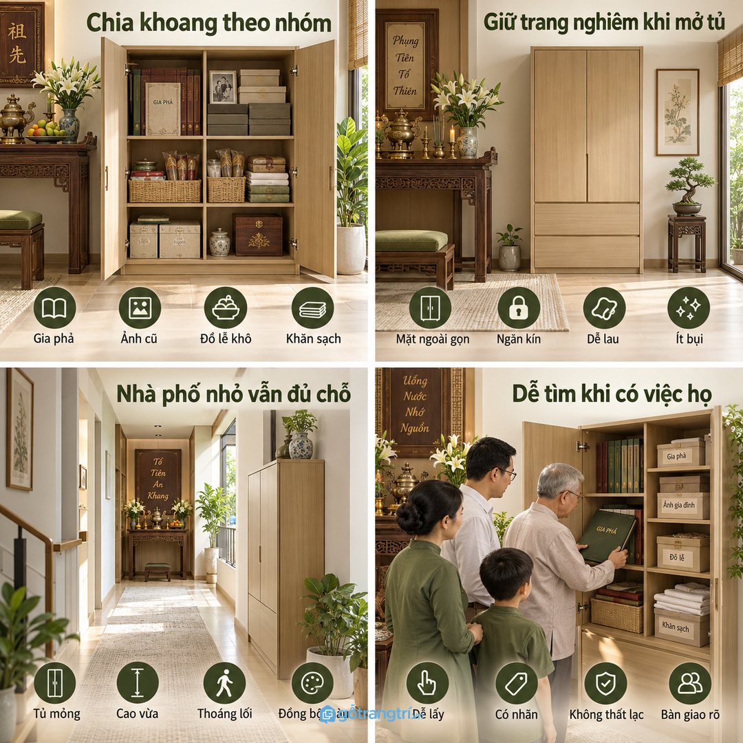 Tủ gần bàn thờ cần màu dịu kín đáo và dễ lau bụi