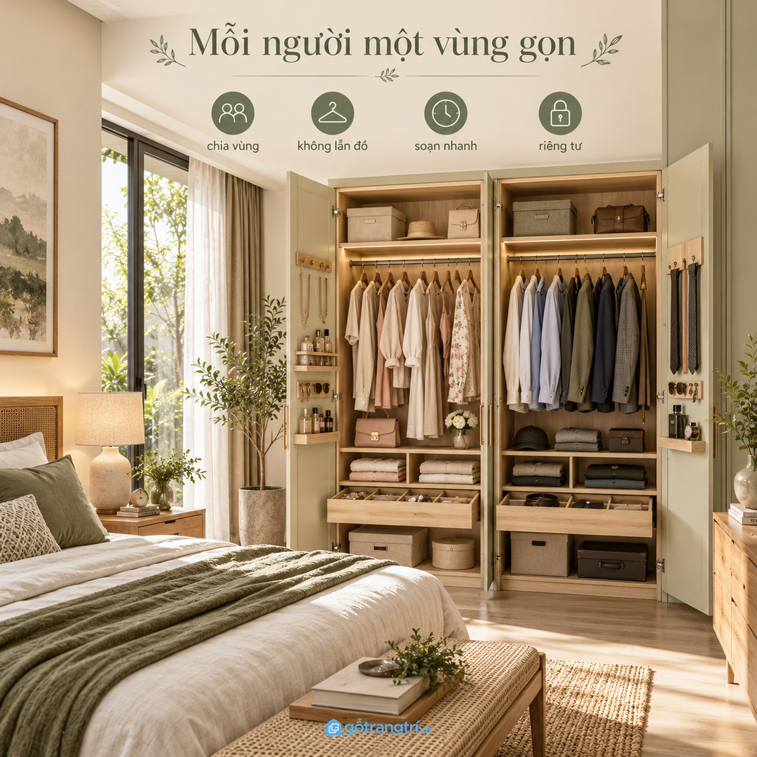 Phòng ngủ vợ chồng nên có vùng phụ kiện riêng để không lẫn đồ và dễ soạn nhanh