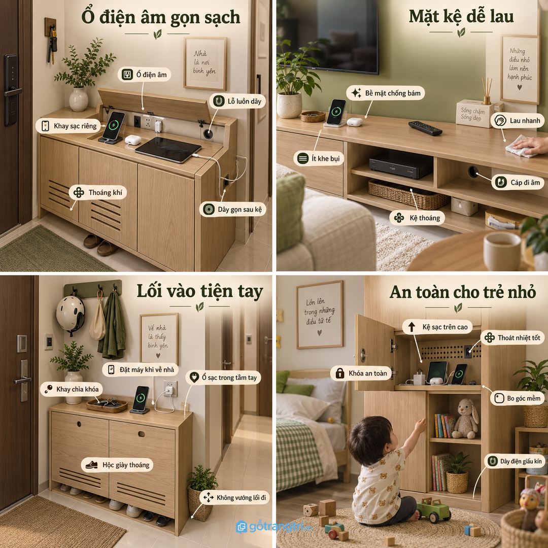 Lối vào căn hộ hợp một trạm sạc nhỏ cho đồ đi làm mỗi ngày