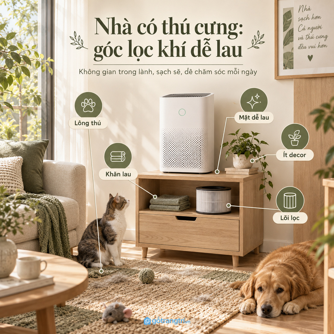 Kệ máy lọc dễ lau giúp giảm bụi quanh thiết bị và giữ căn hộ nhẹ mắt