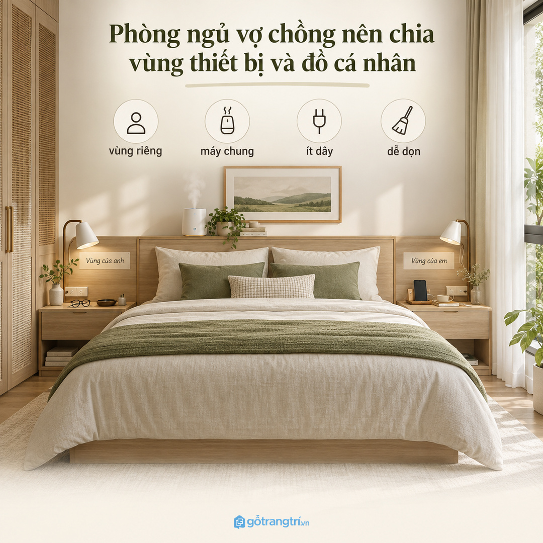 Phòng ngủ vợ chồng nên chia vùng đồ cá nhân và thiết bị chung