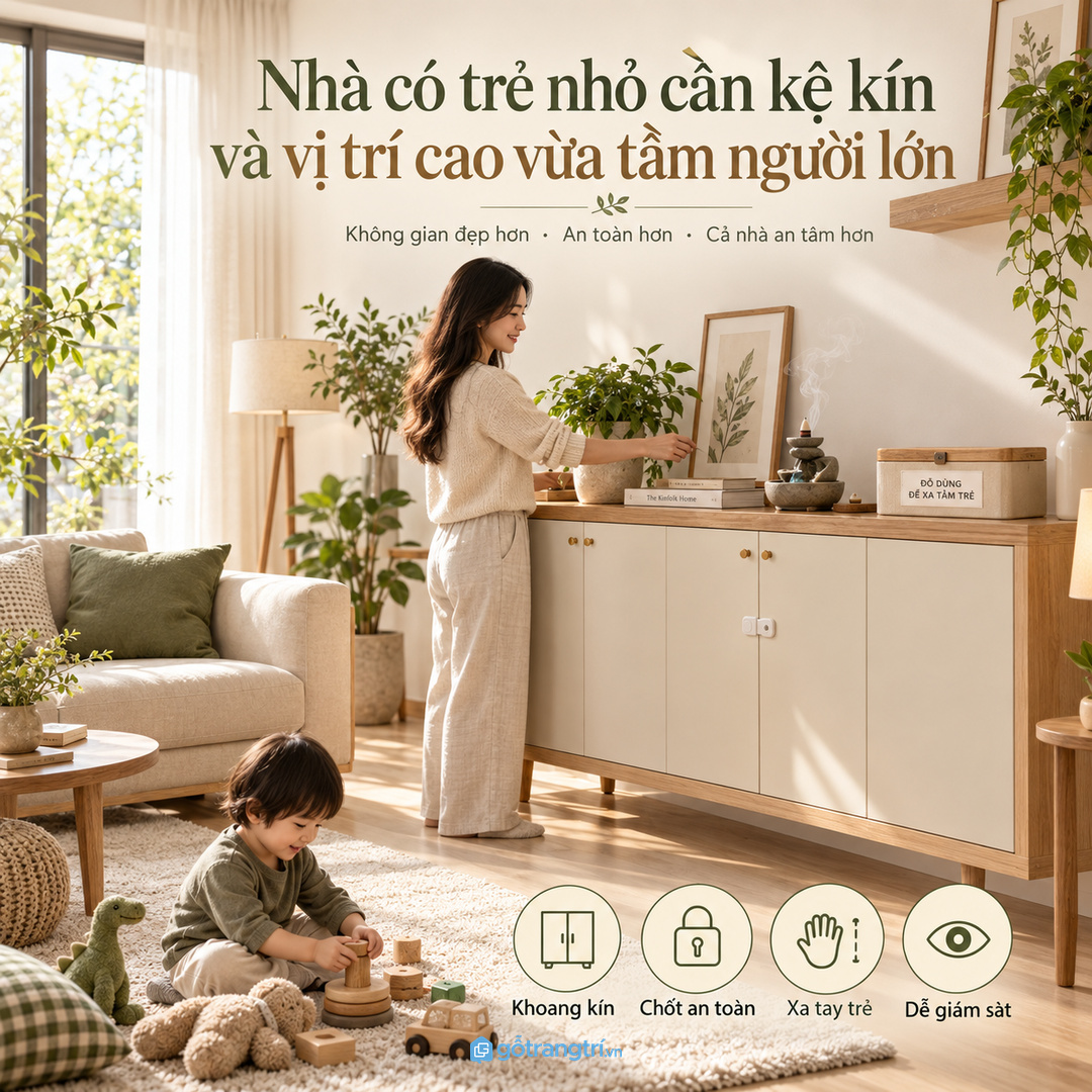 Nhà có trẻ nhỏ cần khoang kín chốt an toàn và vị trí cao vừa tầm người lớn