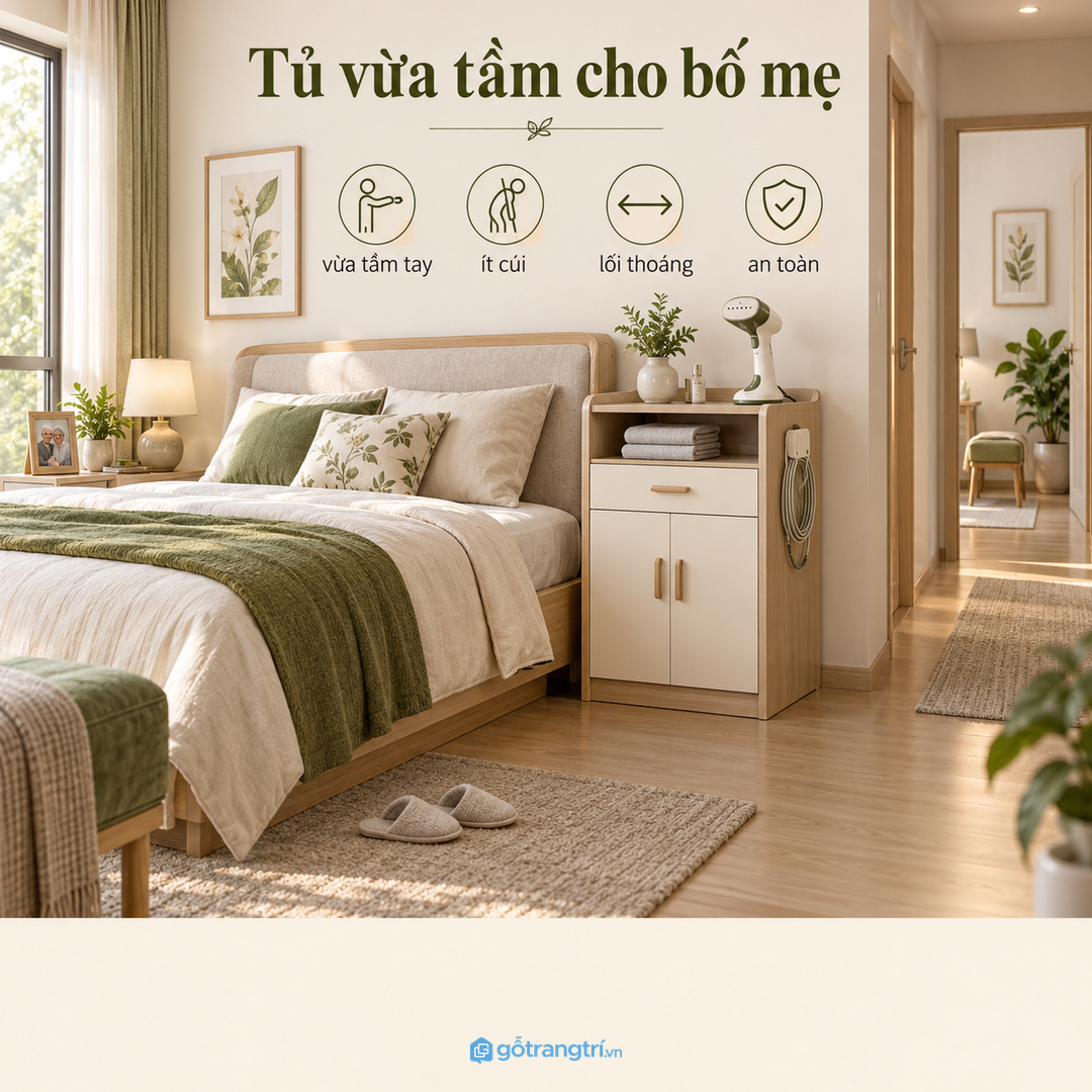 Phòng ngủ cho bố mẹ nên đặt tủ vừa tầm tay, ít phải cúi và lối đi thoáng