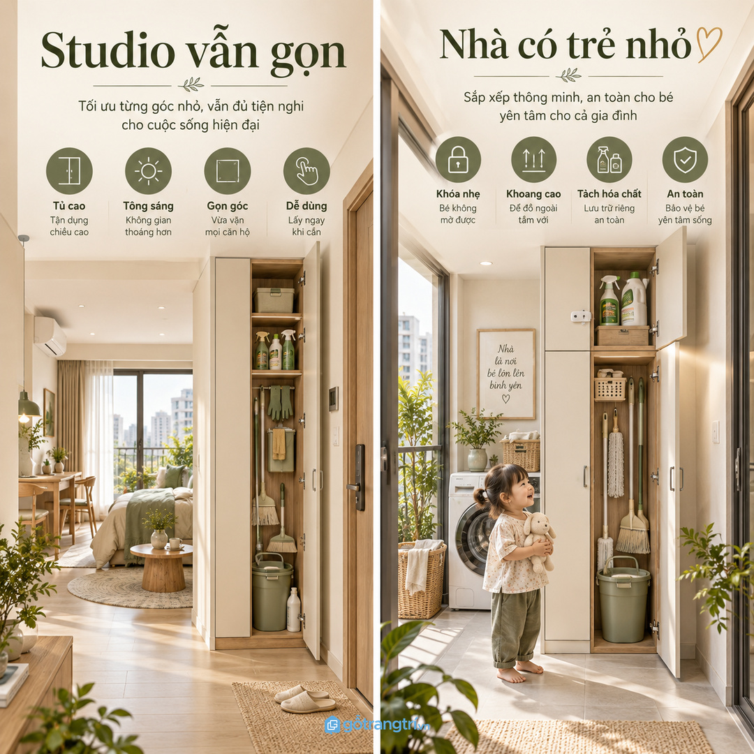 Căn hộ studio hợp tủ cao mỏng màu sáng để góc lau dọn nhẹ mắt