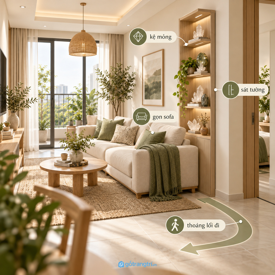Căn hộ nhỏ nên dùng kệ mỏng gọn không chắn lối đi quanh sofa