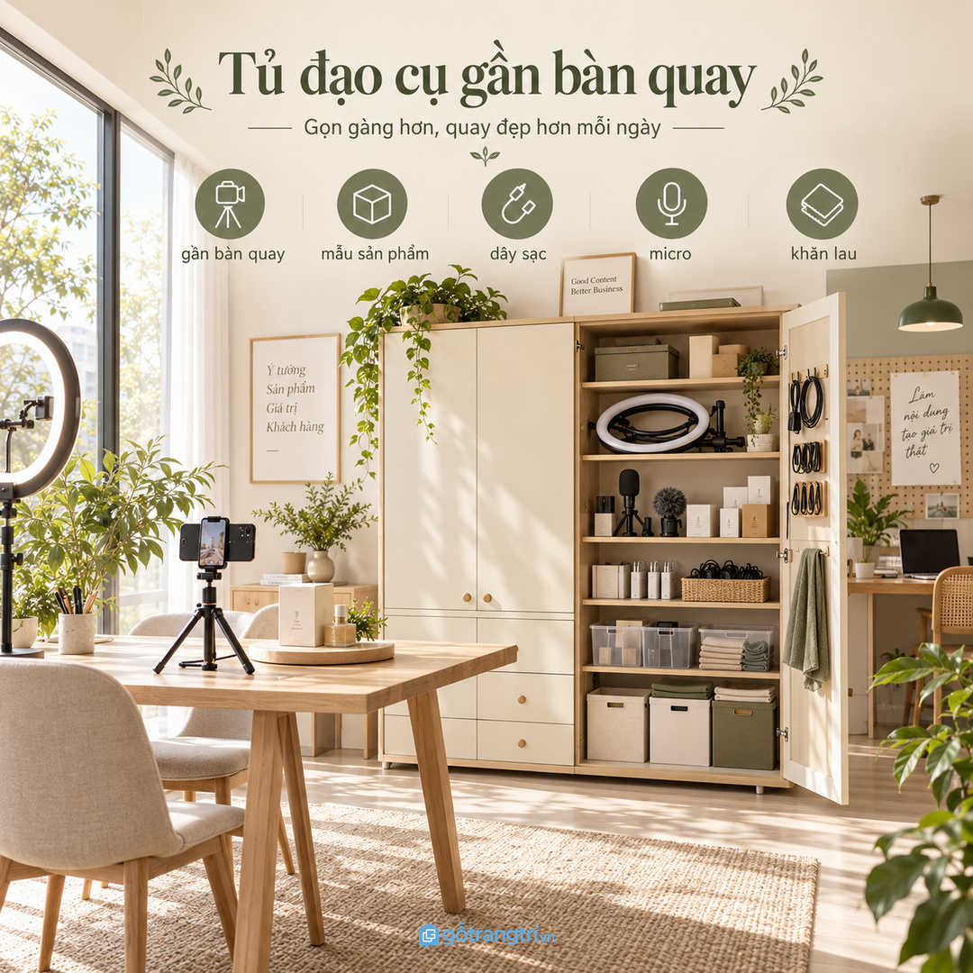 Văn phòng bán hàng nên đặt tủ đạo cụ gần bàn quay và khoang mẫu sản phẩm