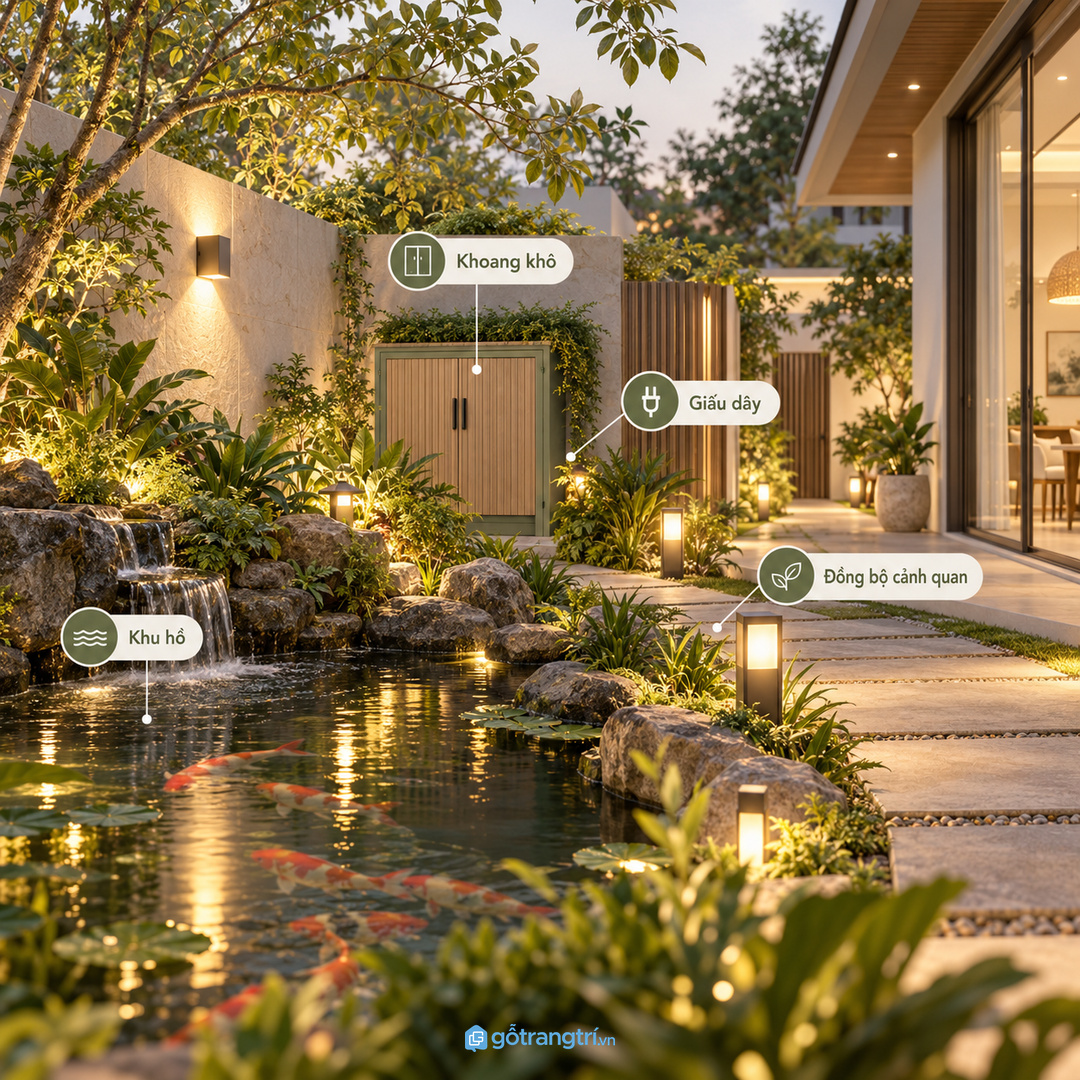 Tủ đèn hợp sân vườn rộng khi phụ kiện được gom theo từng khu
