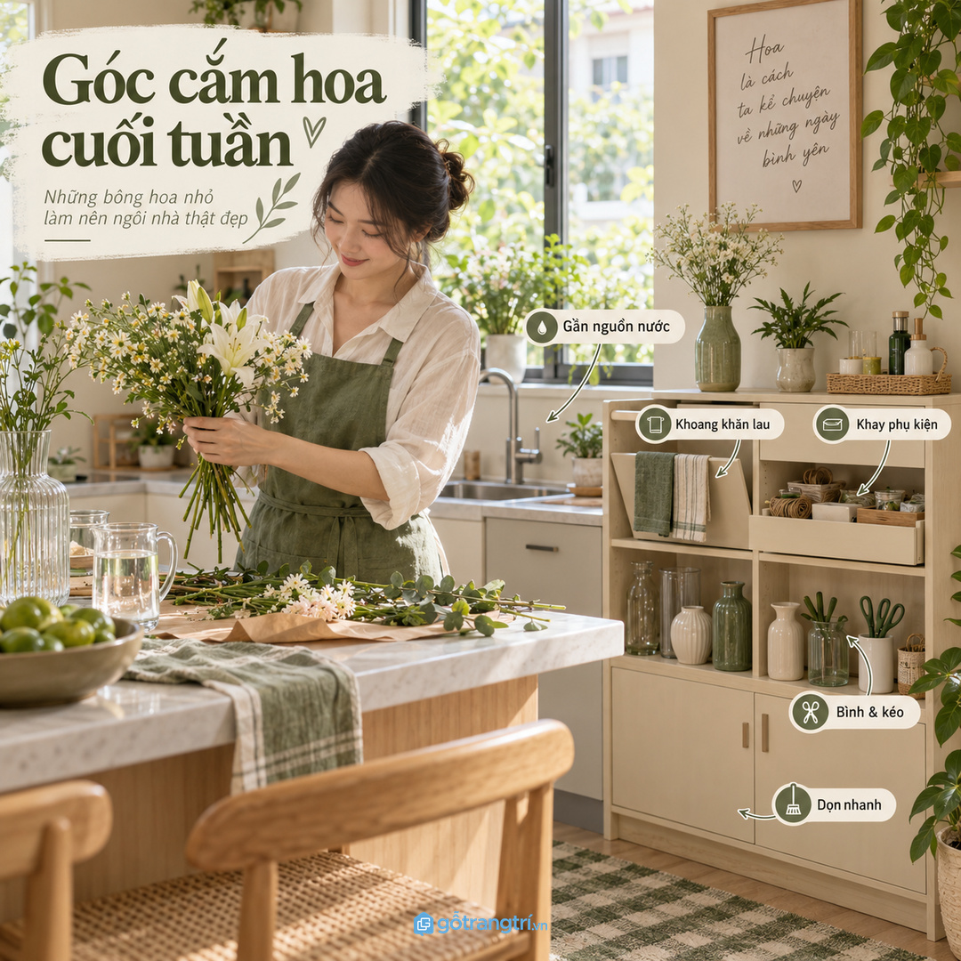 Góc cắm hoa cuối tuần gần bàn ăn hoặc đảo bếp cần gần nguồn nước và dễ dọn nhanh