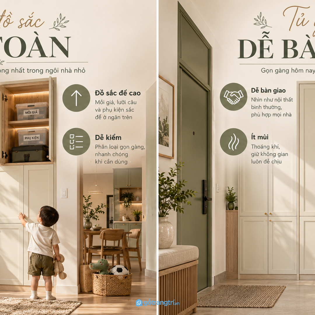 Nhà có trẻ nhỏ nên đặt dao kéo nhỏ và phụ kiện cần kiểm soát ở khoang cao