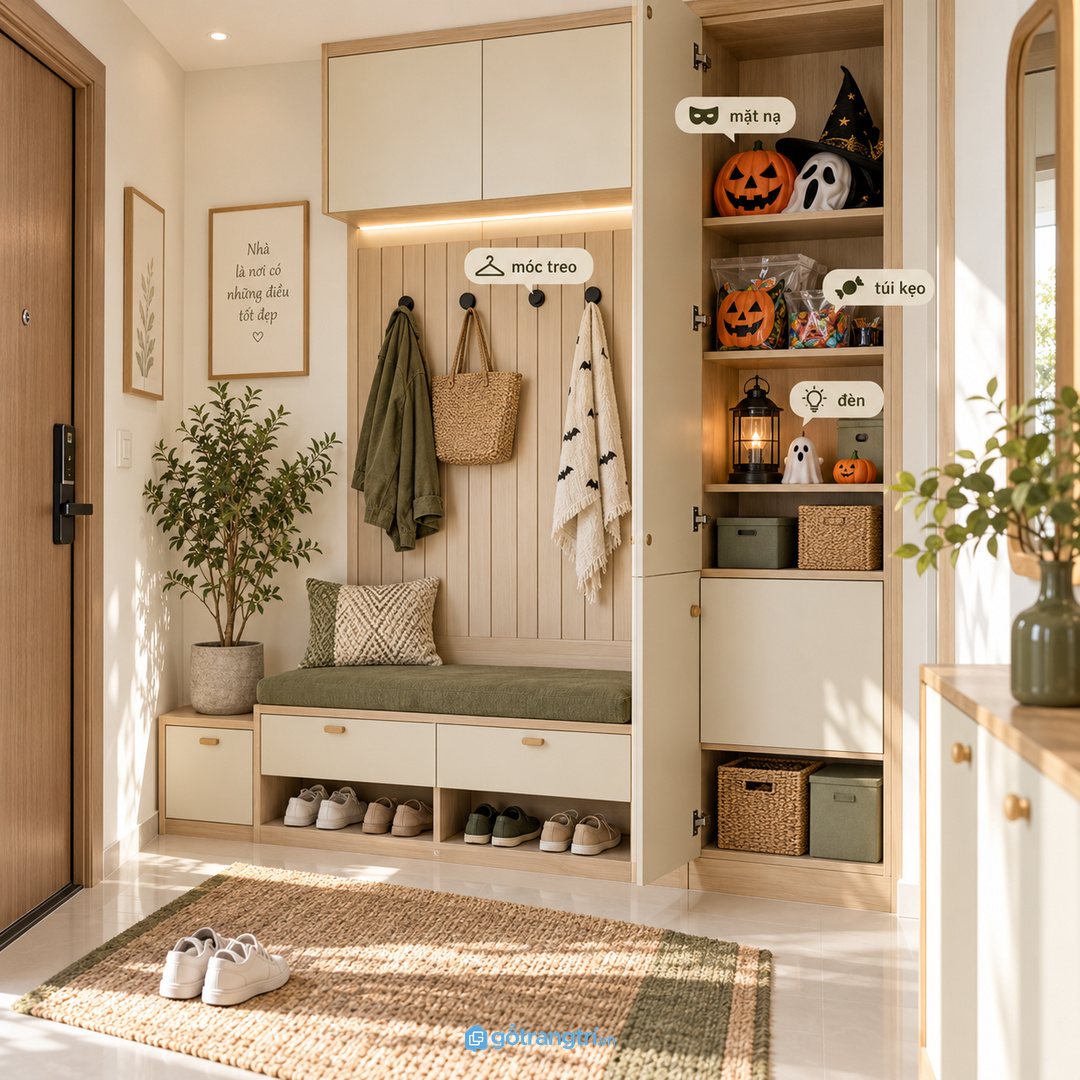 Căn hộ studio hợp tủ thấp gọn đồ lễ hội mà vẫn nhẹ mắt