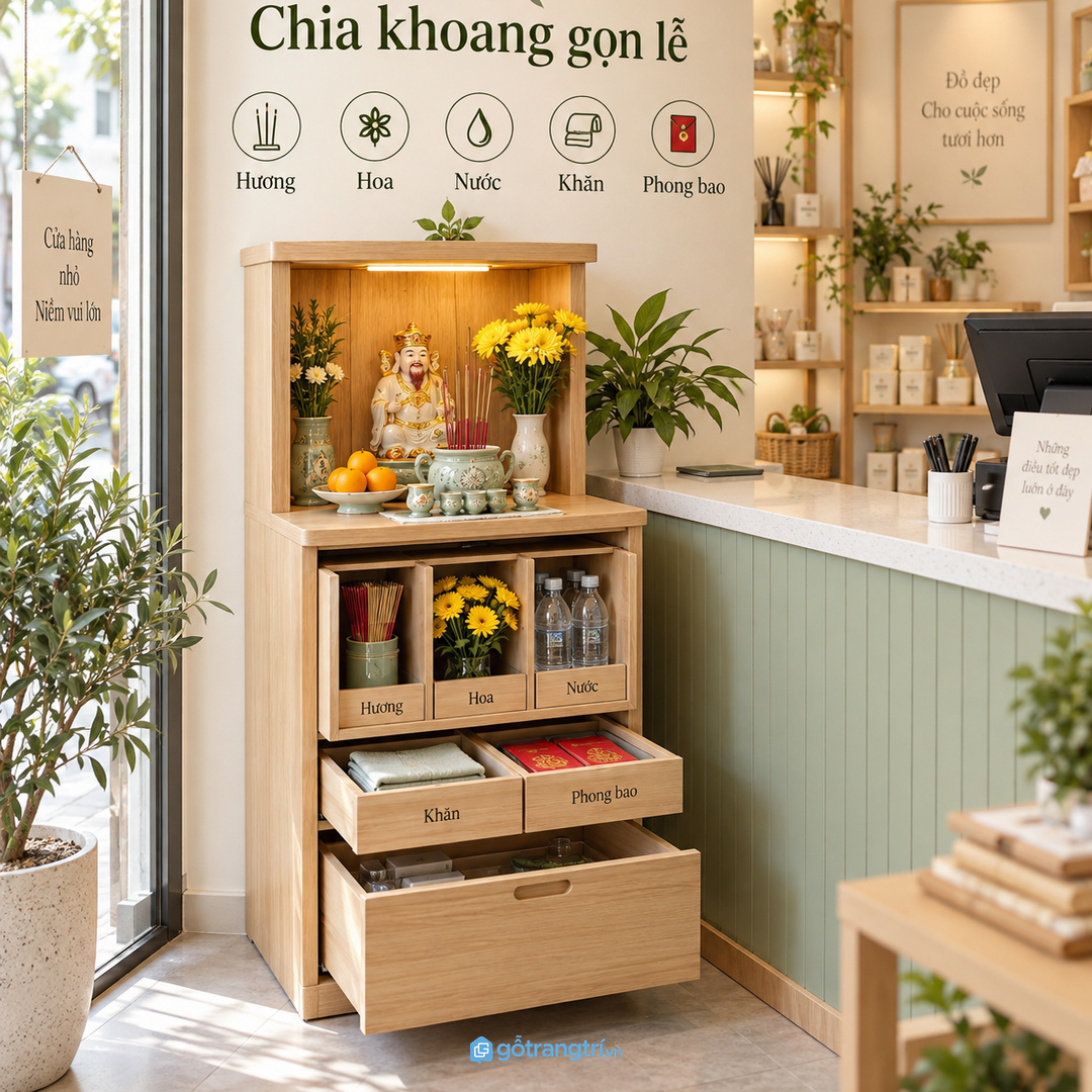 Shop nhỏ cần tủ thấp gọn không cản thao tác bán hàng và lối đi