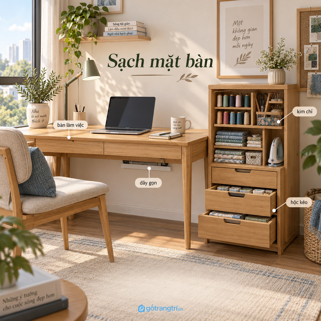 Góc may vá gần bàn làm việc cần sạch dây và không chiếm mặt bàn