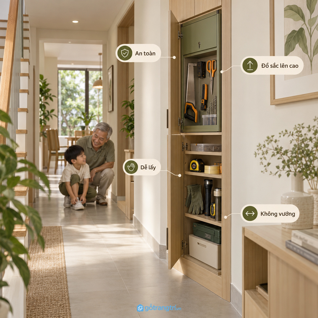 Nhà có trẻ nhỏ cần để dụng cụ sắc và nặng ở vị trí an toàn