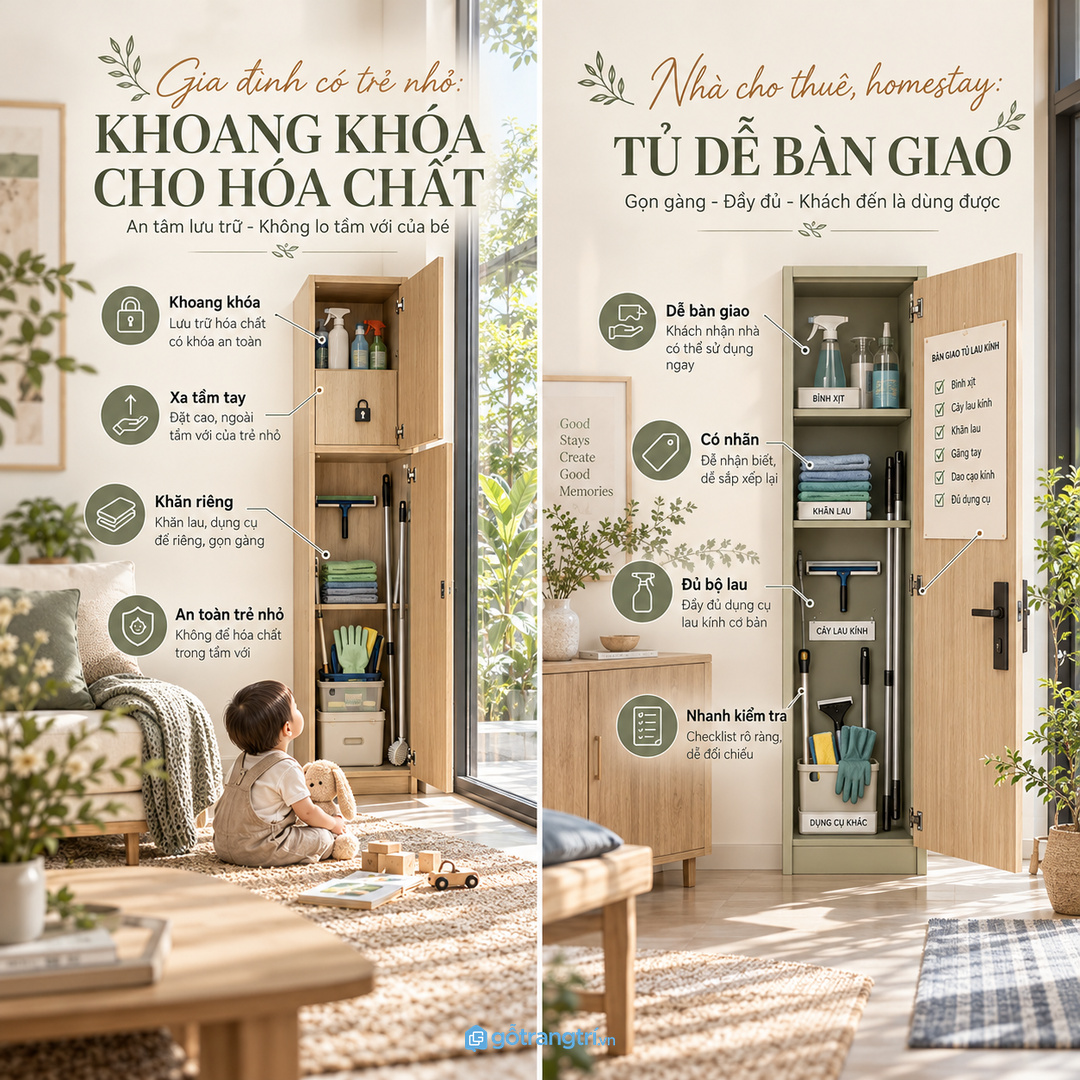 Gia đình có trẻ nhỏ nên có khoang khóa cho hóa chất lau kính