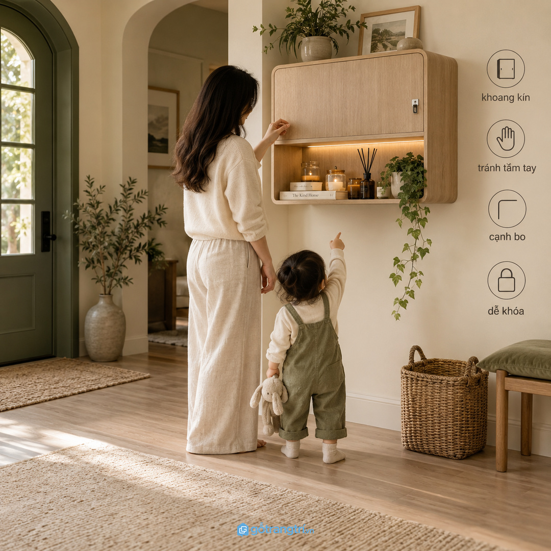 Nhà có trẻ nhỏ nên ưu tiên khoang kín, cạnh bo và vị trí cao vừa đủ