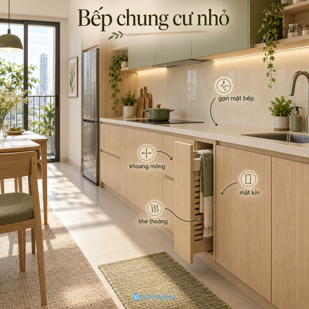 Bếp chung cư nhỏ hợp khoang khăn mỏng kín mặt ngoài và thoáng bên trong