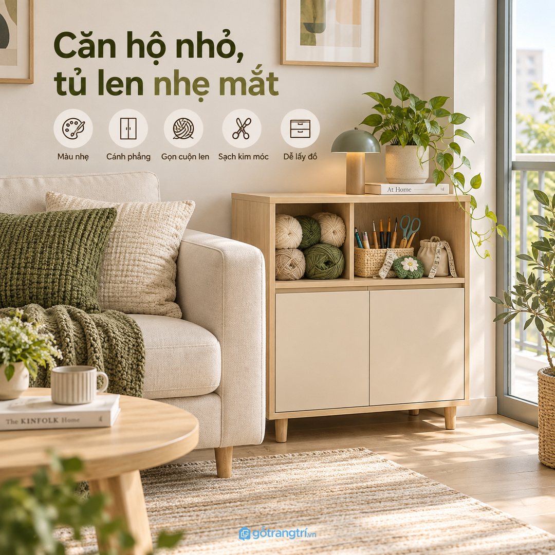 Căn hộ nhỏ cần tủ len móc màu nhẹ để phòng khách không nặng