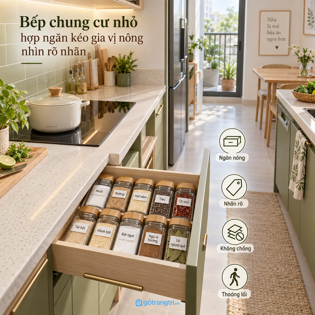 Bếp chung cư nhỏ hợp ngăn kéo gia vị nông nhìn rõ nhãn