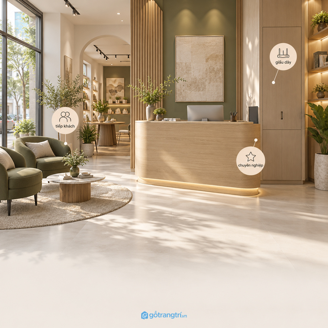 Quầy lễ tân showroom nên giấu dây để khu tiếp khách chuyên nghiệp