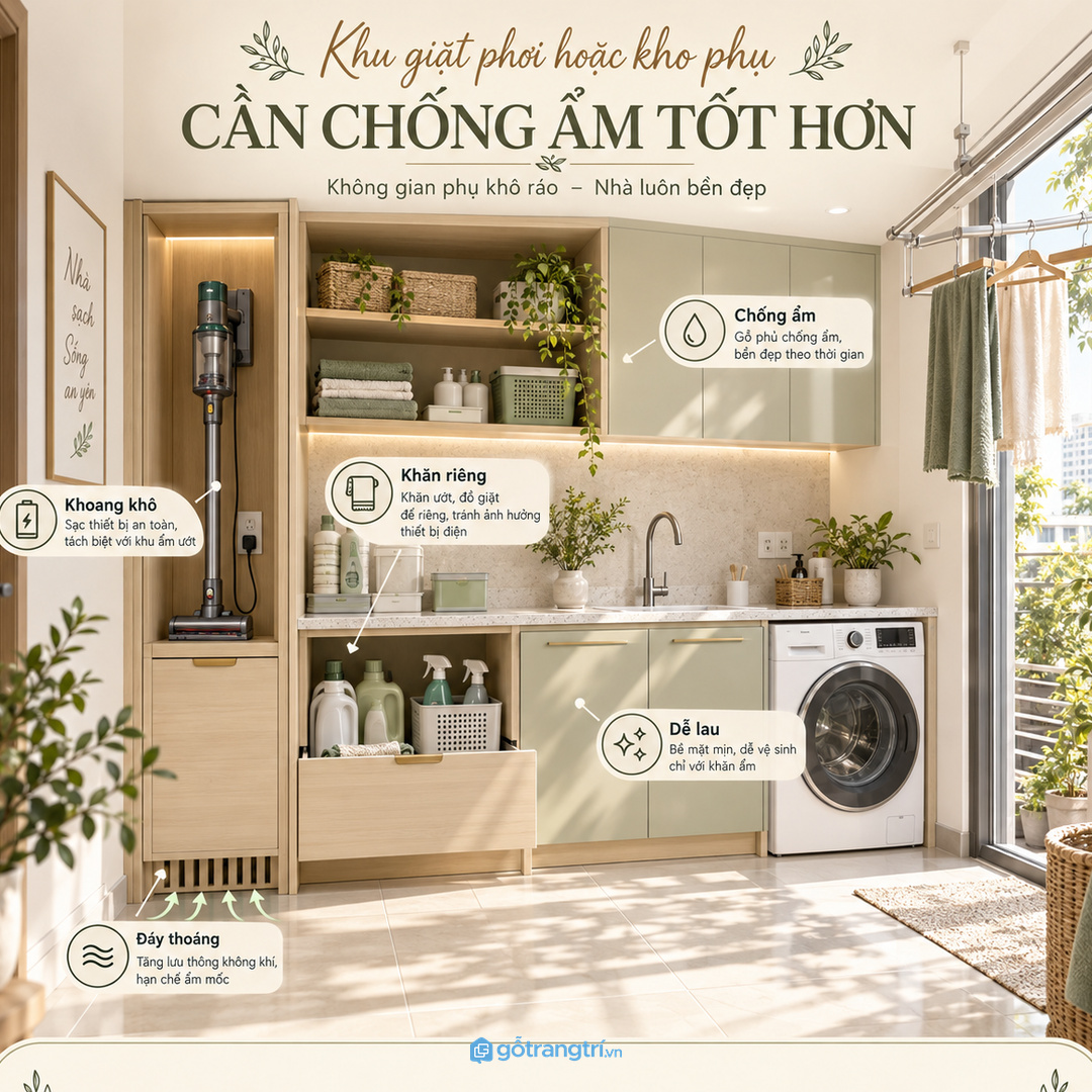 Khu giặt phơi hoặc kho phụ cần tủ chống ẩm và dễ lau