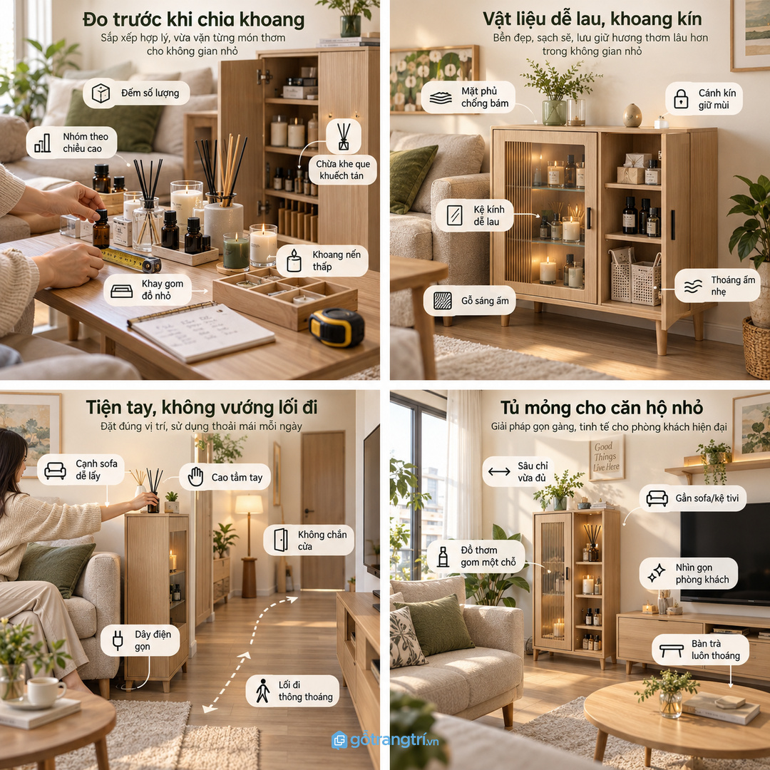 Căn hộ nhỏ nên dùng tủ mỏng gần sofa hoặc kệ tivi
