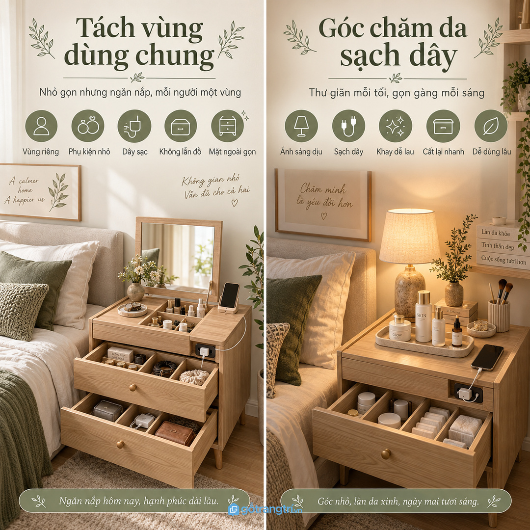 Phòng ngủ vợ chồng nên tách vùng mỹ phẩm và phụ kiện cá nhân