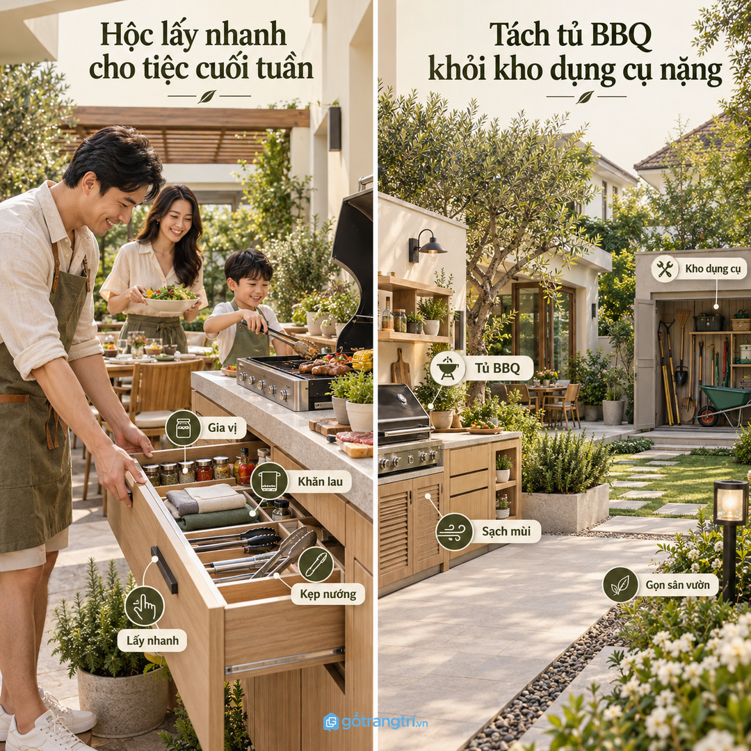 Gia đình hay mở tiệc cuối tuần cần hộc lấy nhanh cho gia vị khăn và dụng cụ nướng