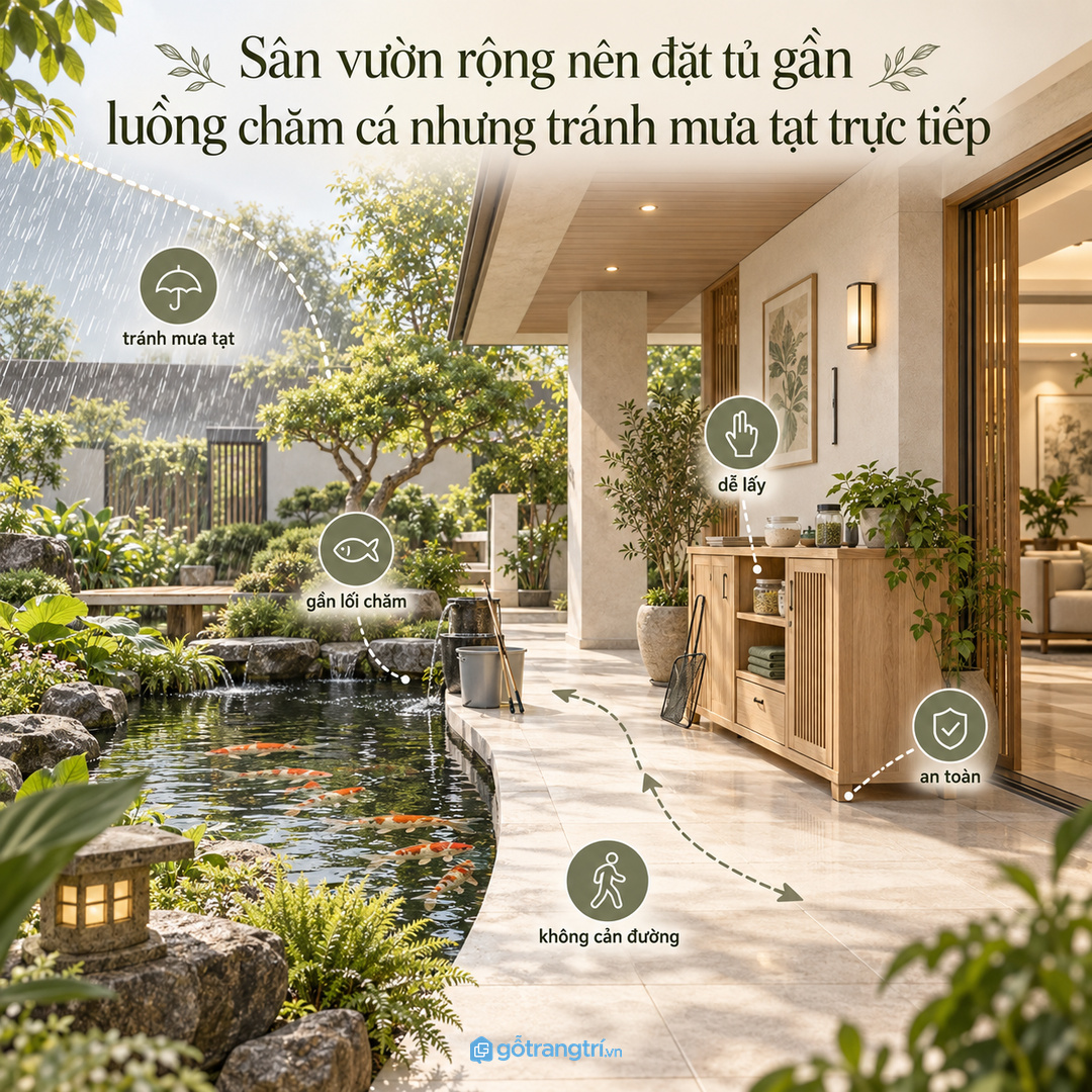 Sân vườn rộng nên đặt tủ gần luồng chăm cá nhưng tránh mưa tạt trực tiếp