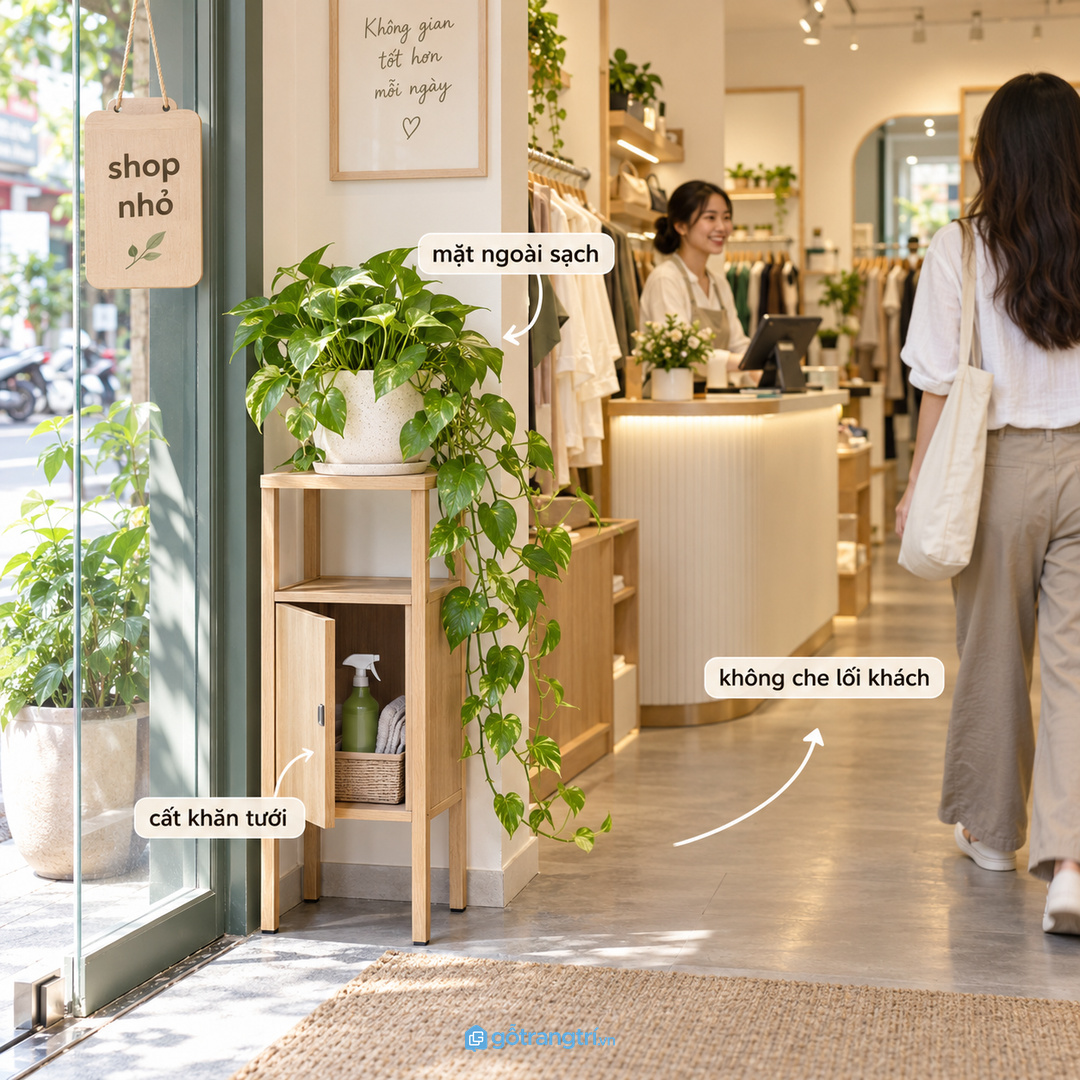 Shop nhỏ cần góc cây xanh chỉn chu nhưng không che luồng khách