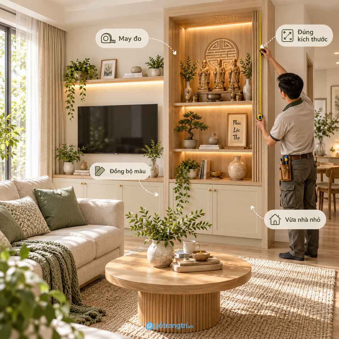 Kệ may đo giúp vật phẩm phong thủy đẹp hơn mà không phá bố cục phòng