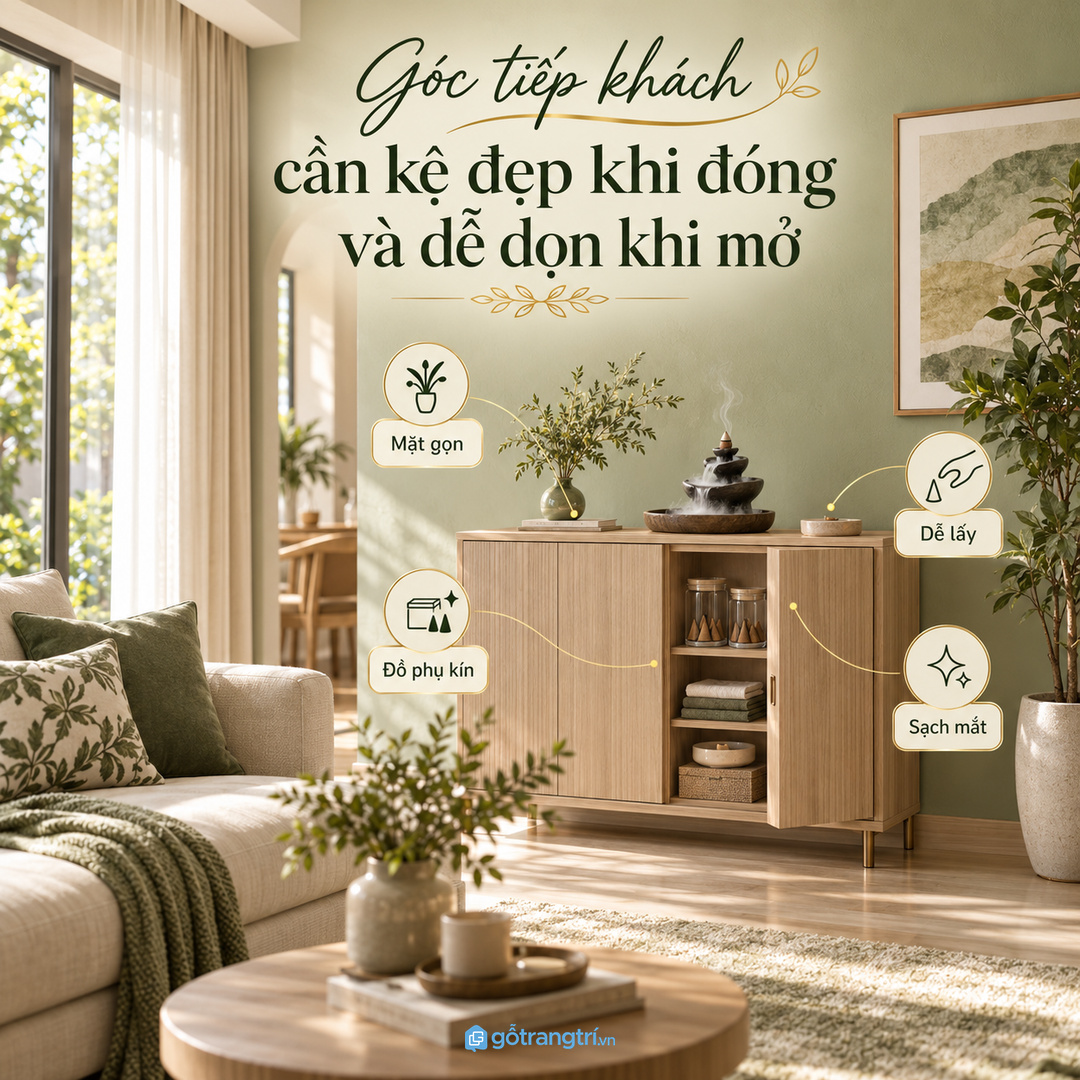 Góc tiếp khách cần kệ đẹp khi đóng và dễ dọn khi mở