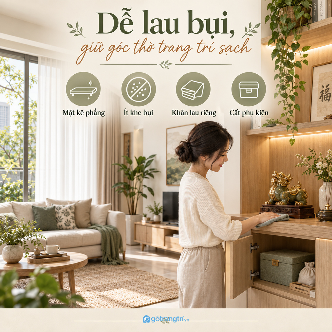 Kệ may đo giúp góc phong thủy đồng bộ màu gỗ và nội thất