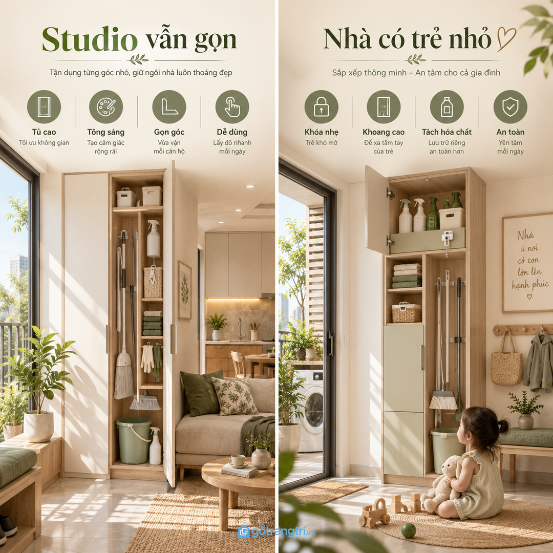 Nhà có trẻ nhỏ cần khoang cao hoặc khóa nhẹ cho hóa chất lau sàn