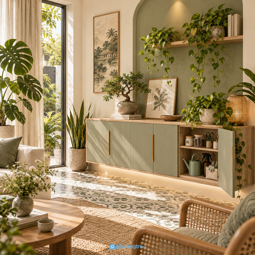 Tủ may đo giúp góc xanh gọn mắt khi đóng và tiện chăm cây khi mở
