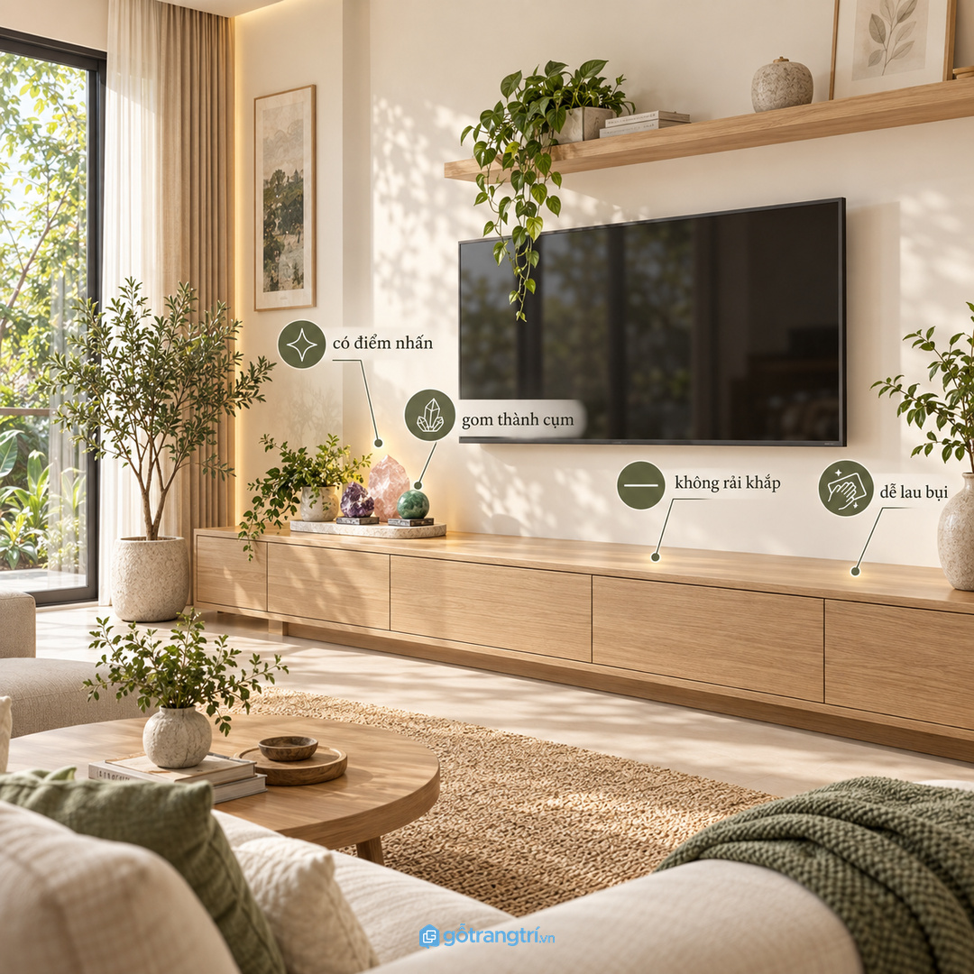 Nhà phố có kệ tivi dài cần gom đá phong thủy thành một cụm thay vì rải khắp mặt tủ