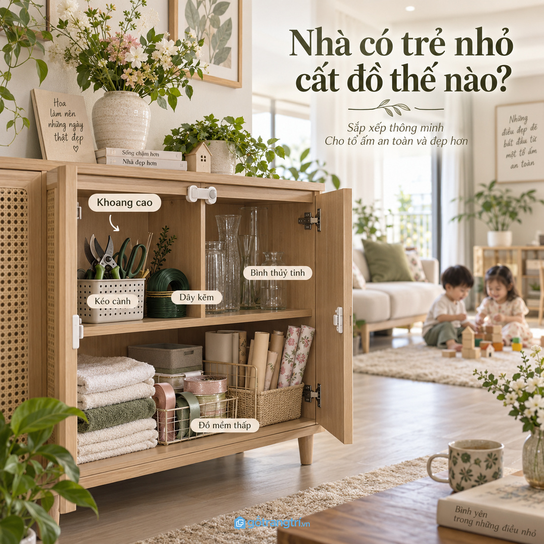 Nhà có trẻ nhỏ cần đưa kéo cành dây kẽm và bình thủy tinh lên khoang cao