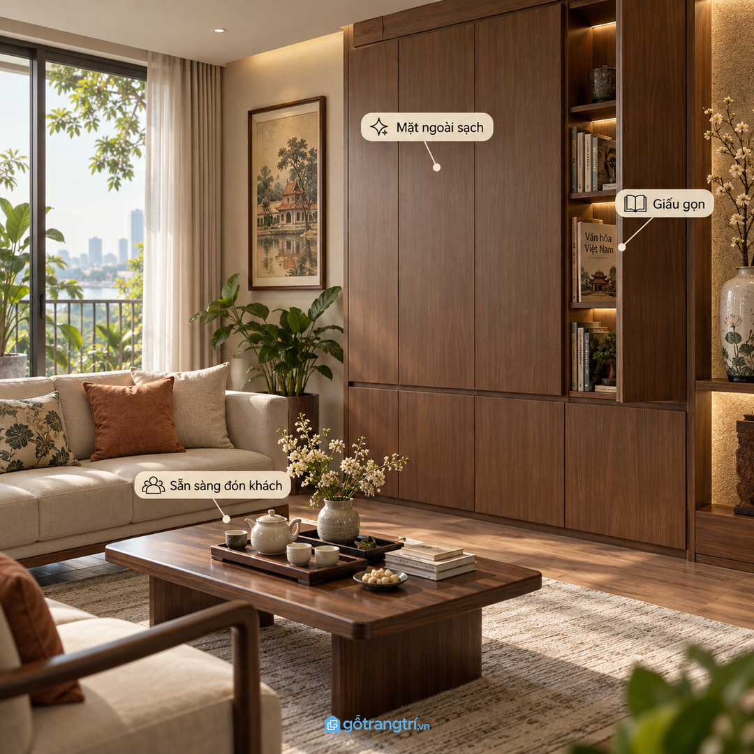 Căn hộ nhỏ hợp tủ áp tường cạnh sofa để giữ lối đi thoáng