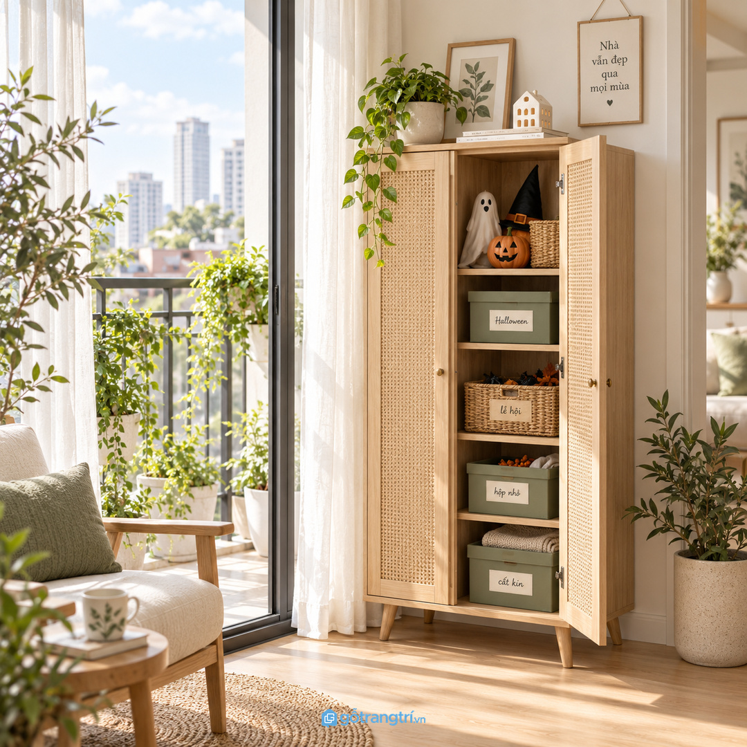 Ban công sáng hoặc hốc tường nhỏ có thể thành nơi cất đồ trang trí theo mùa