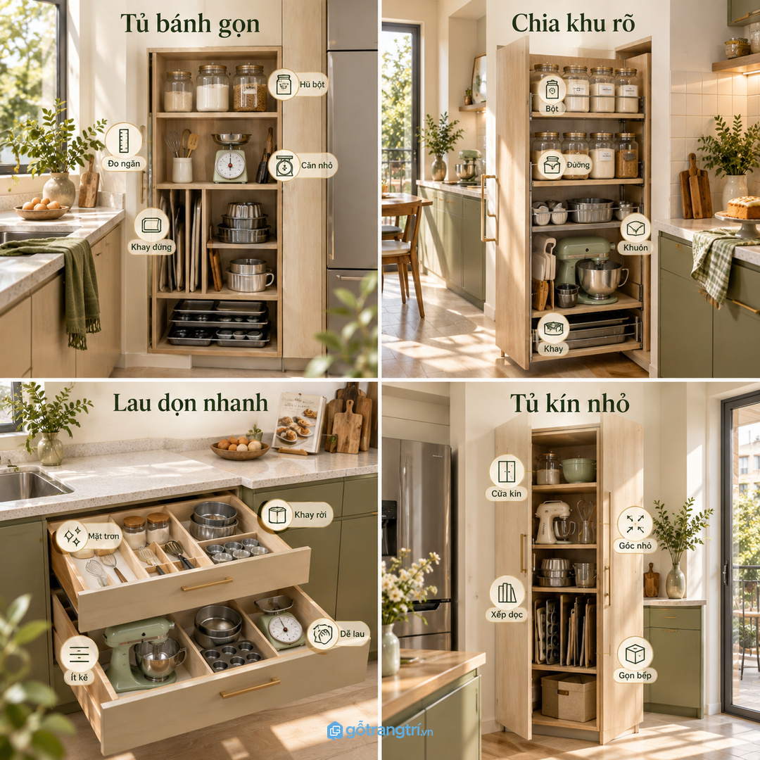 Tủ may đo giúp bếp nhỏ gọn khuôn sạch khay và giữ thói quen làm bánh lâu hơn