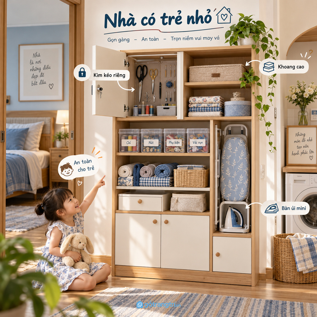 Nhà có trẻ nhỏ cần cất kéo kim và bàn ủi ở khoang cao