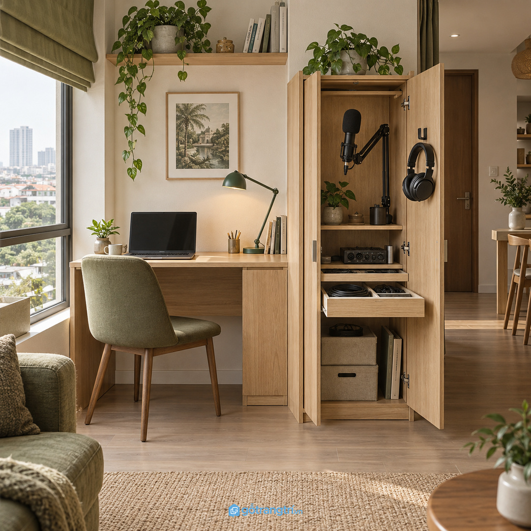 Phòng sinh hoạt chung cần tủ đóng lại gọn sau khi thu podcast