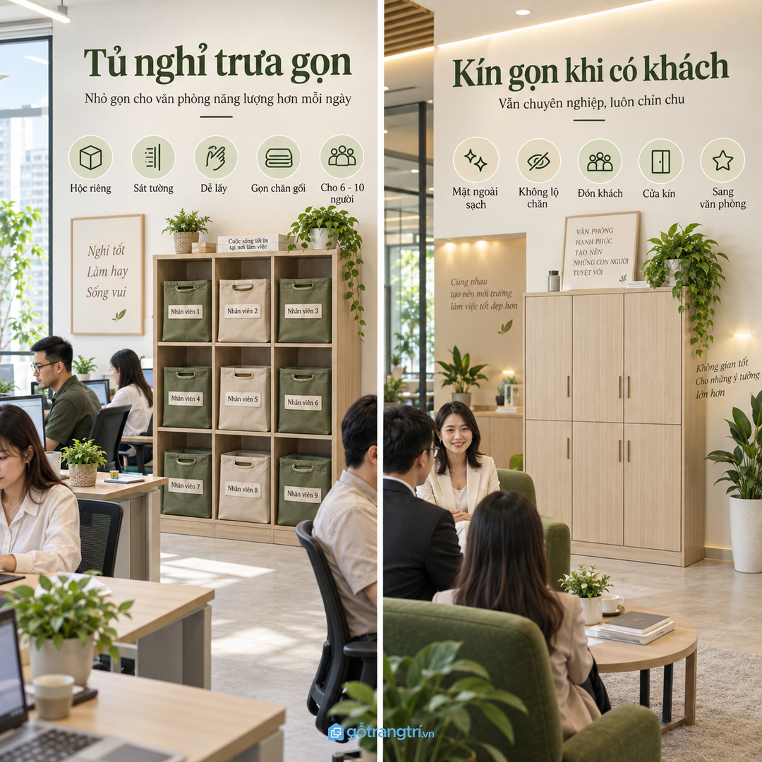 Tủ may đo giúp góc nghỉ trưa gọn mà không làm nặng không gian văn phòng