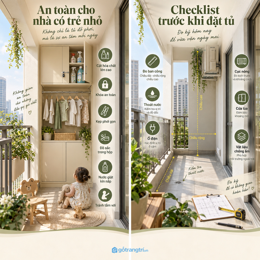Checklist trước khi đặt làm tủ đồ phơi: đo ban công thoát nước ổ điện cục nóng cửa lùa và vật liệu