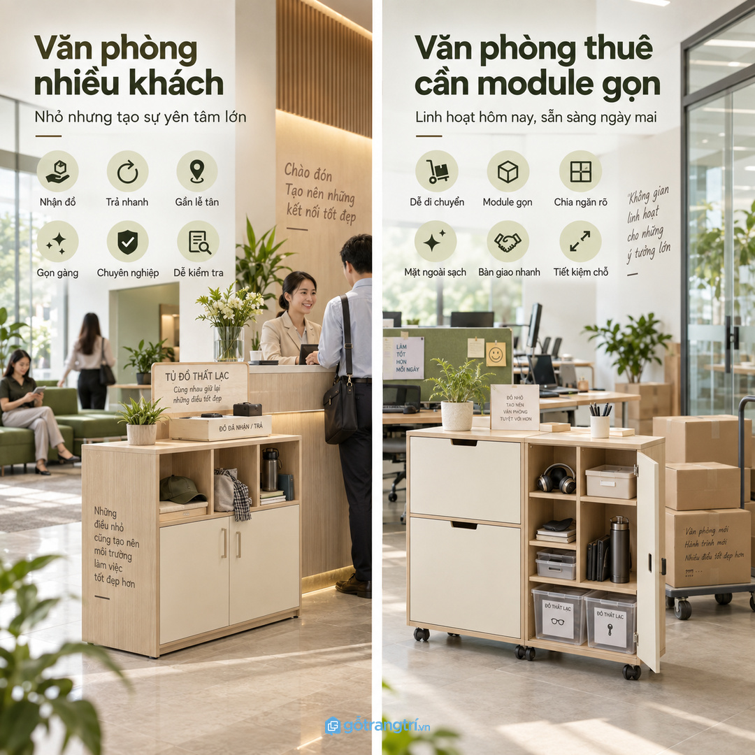 Văn phòng thuê hợp tủ module dễ chuyển nhưng bên trong vẫn chia khoang rõ