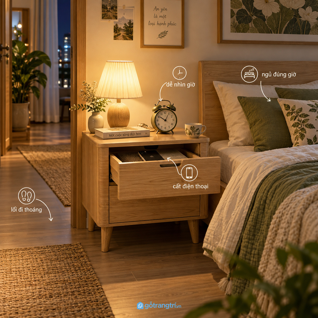 Tủ đầu giường tốt giúp giữ nhịp ngủ đúng giờ mà không bày đồ lộn xộn