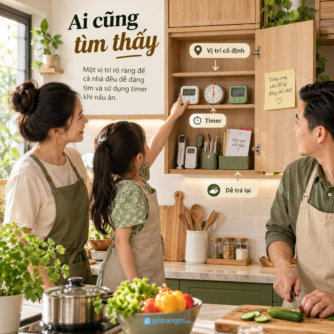 Bếp gia đình nhiều người cần quy ước vị trí để ai cũng tìm được timer