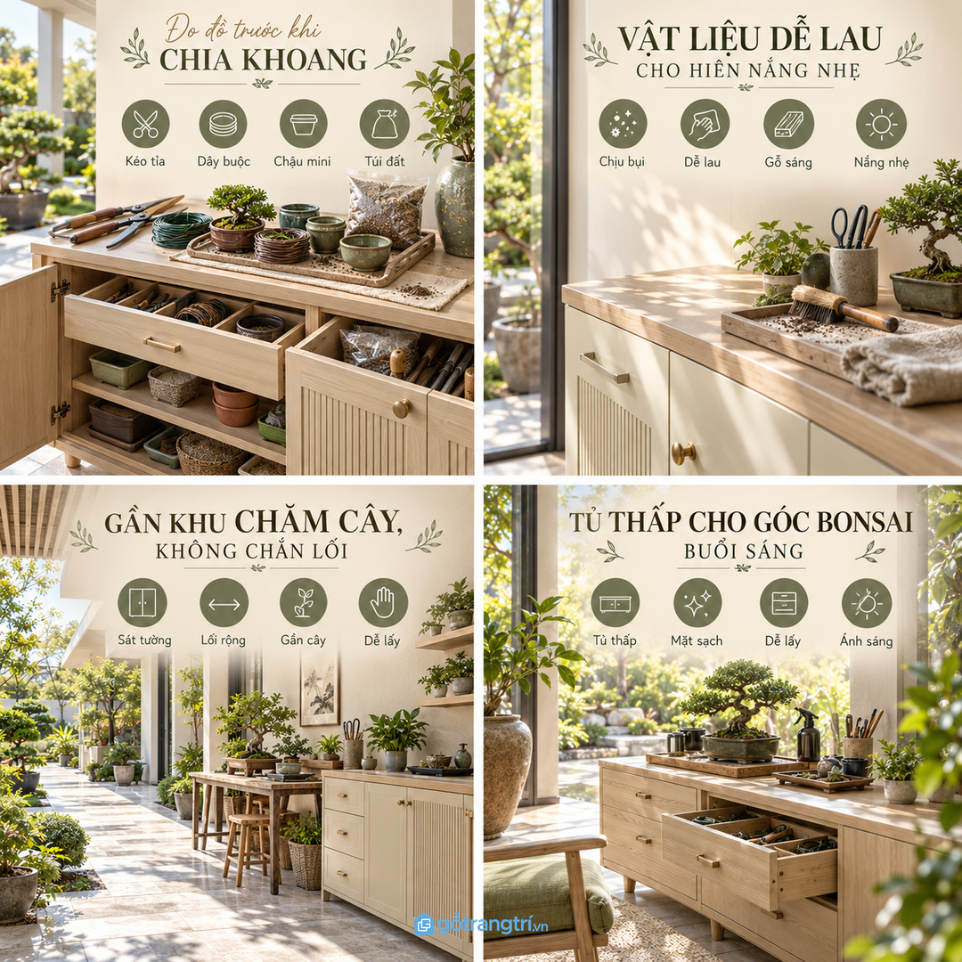 Biệt thự có sân vườn lớn nên tách tủ bonsai khỏi kho dụng cụ nặng