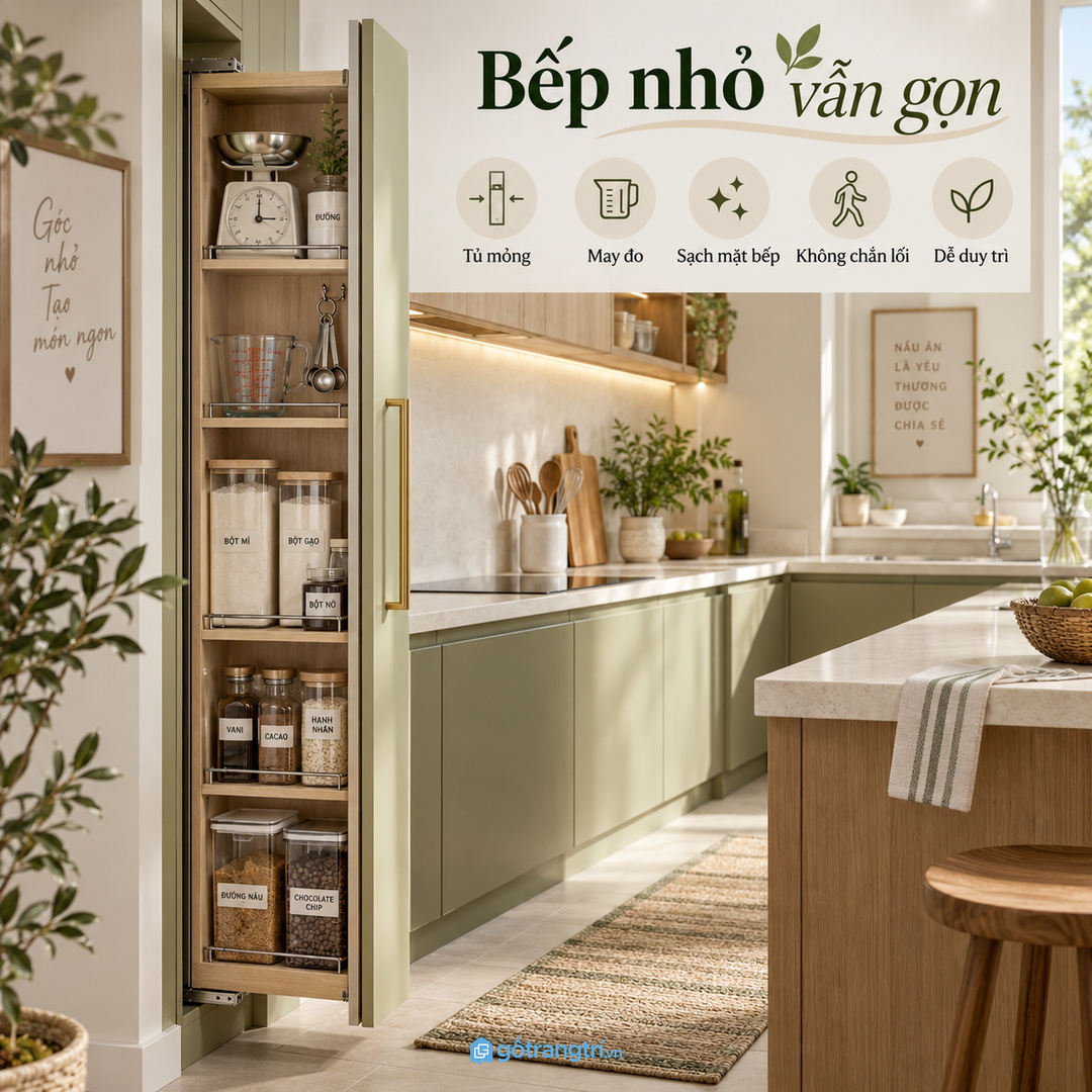 Tủ may đo giúp bếp nhỏ gọn cân cốc sạch mặt bếp và nấu chuẩn hơn