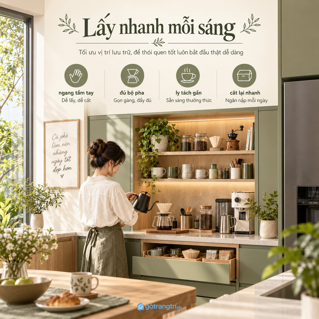 Tủ may đo giúp góc cà phê gọn hơn mà vẫn hợp màu bếp