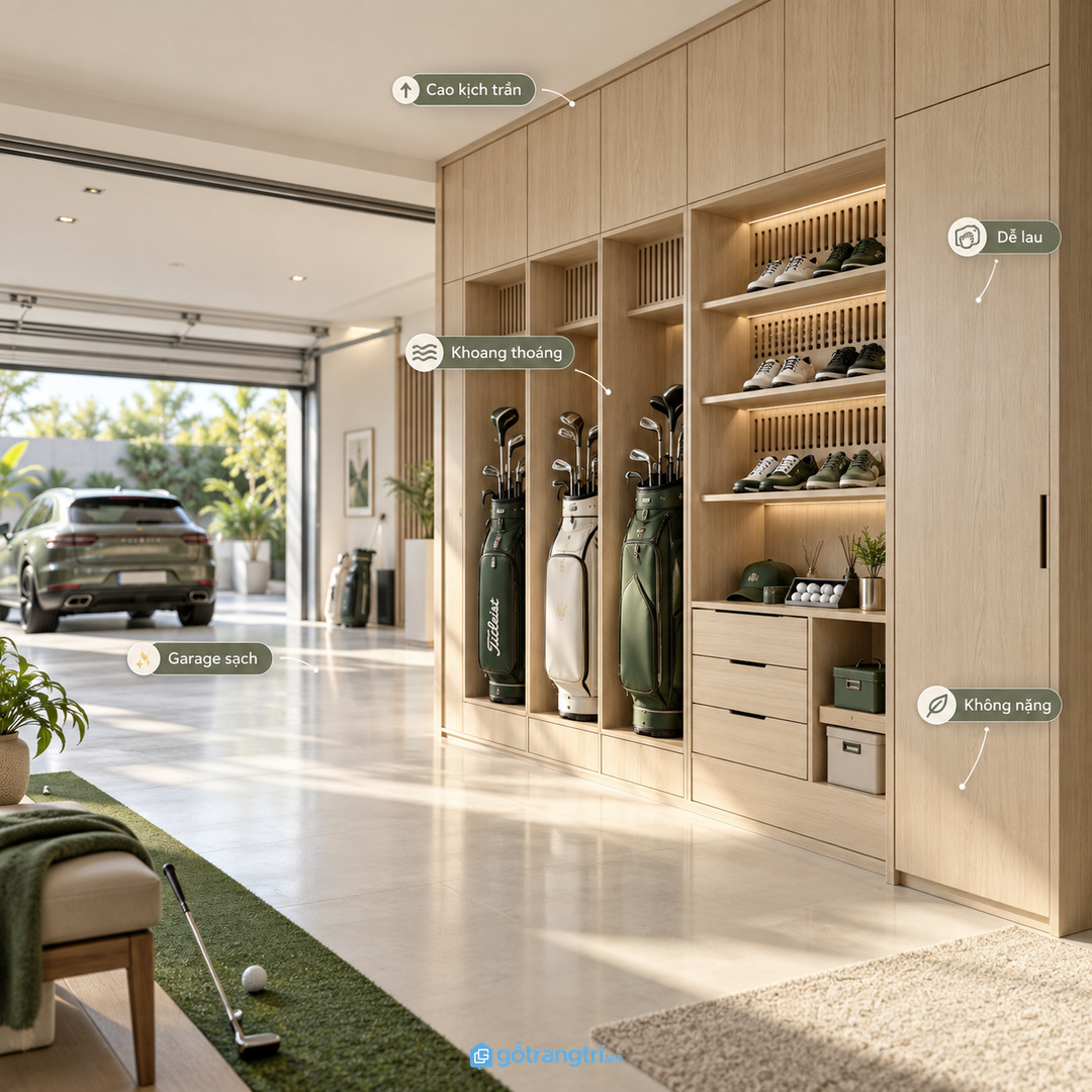 Tủ may đo giúp bộ golf được cất đẹp mà vẫn dễ dùng hằng tuần